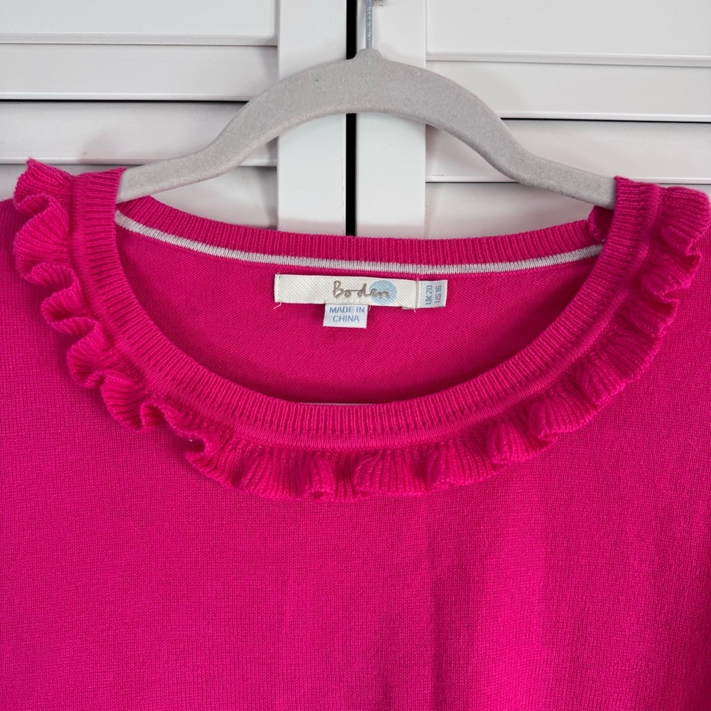Boden Bernadette Wool Cotton Blend Ruffle Trim Crew Neck Sweater Fuchsia Pink 16 - Picture 3 of 9